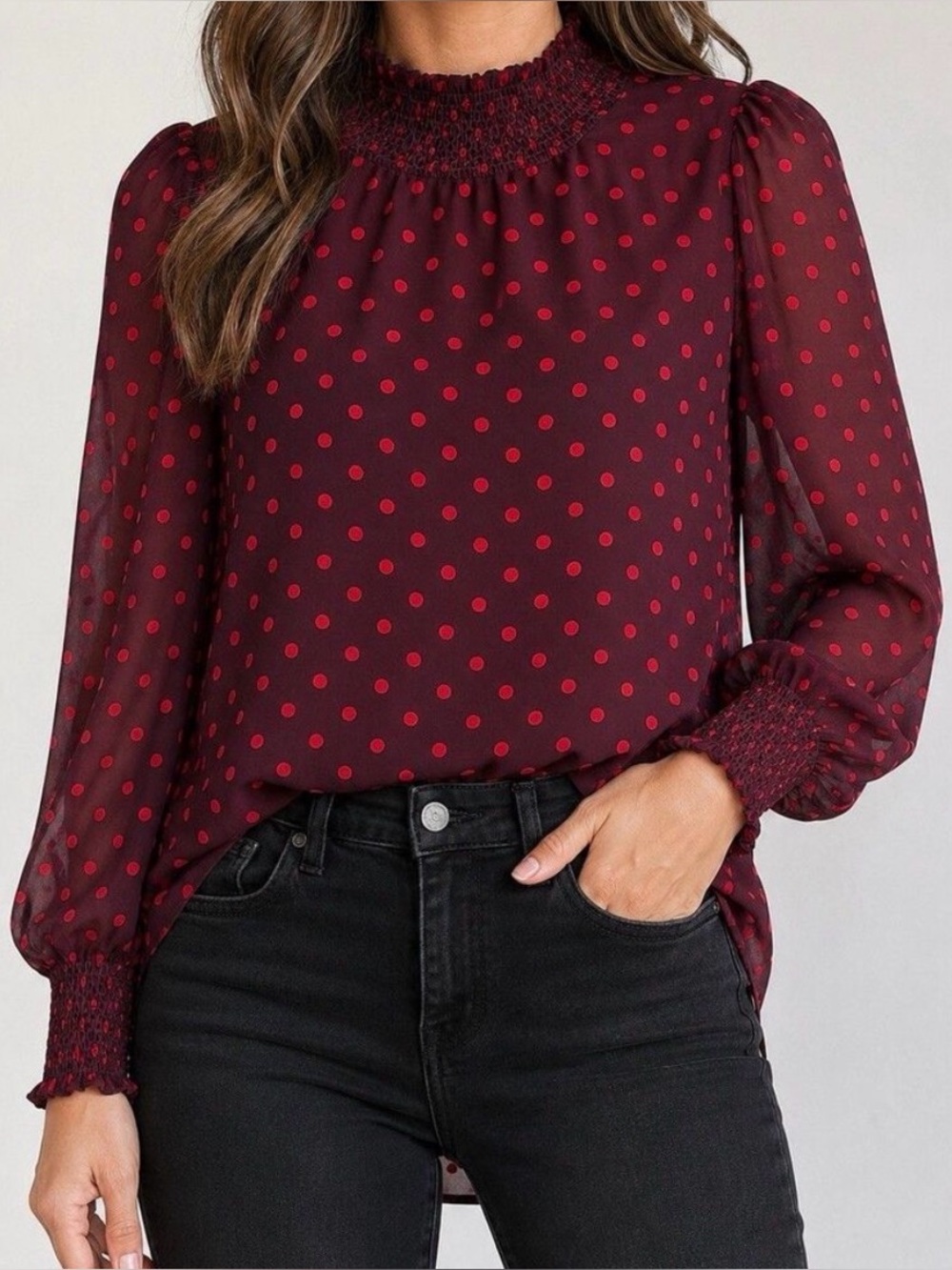 J. Crew Crinkle Chiffon Smocked Top in Burgundy w/Pink Polka-Dots | L | EUC